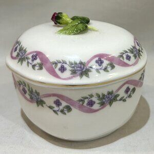 VTG 1980 Mann Fine Bone China Trinket Box Violet & Sculptured Rose Bud Handle